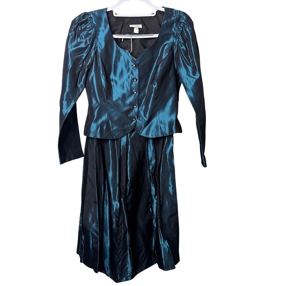 Vtg‎ NEW GIDDING JENNY 80s 2pc Iridescent Teal Formal Dress Jacket Set SZ6 Gown